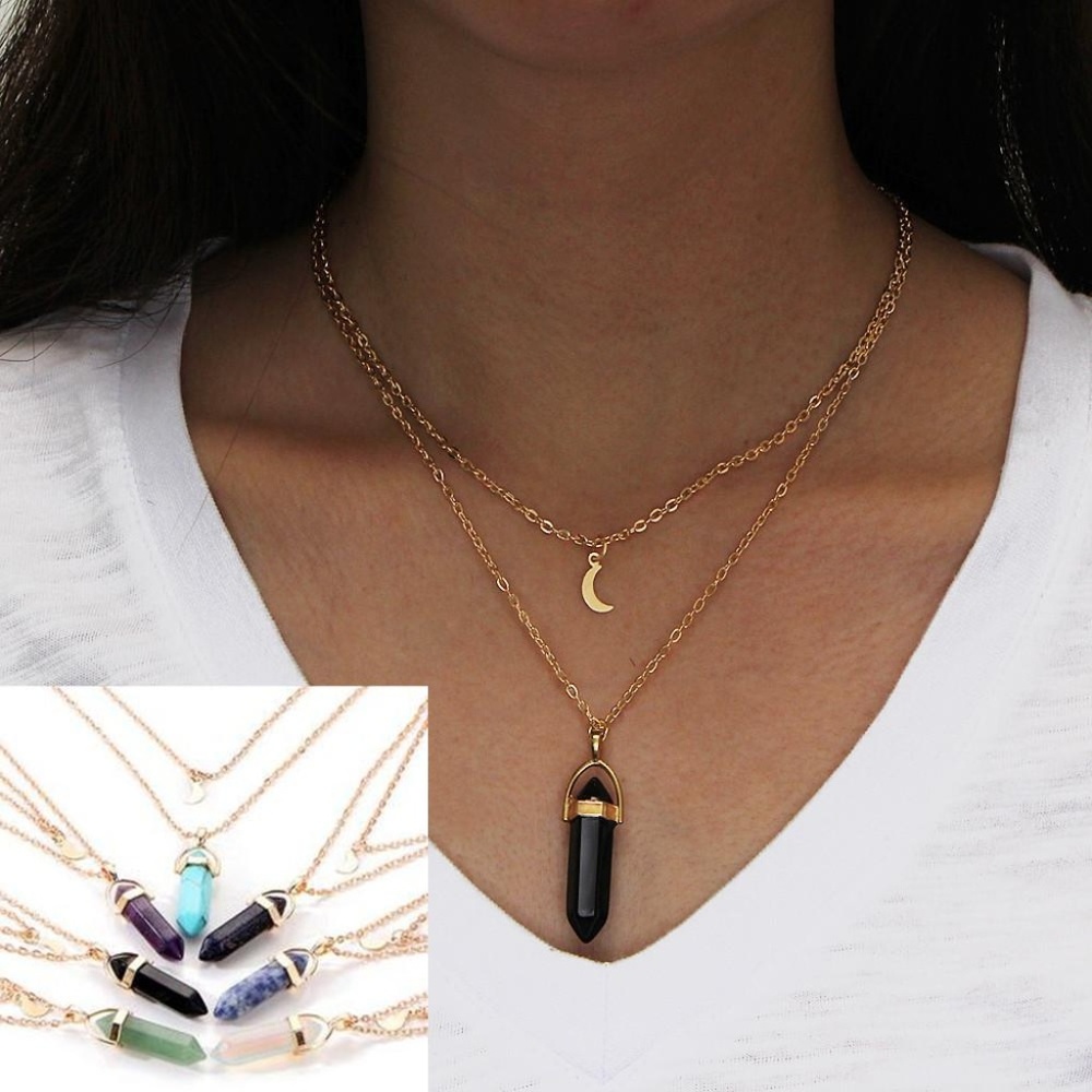 Double Moon Crescent Bullet Pendulum Necklace
